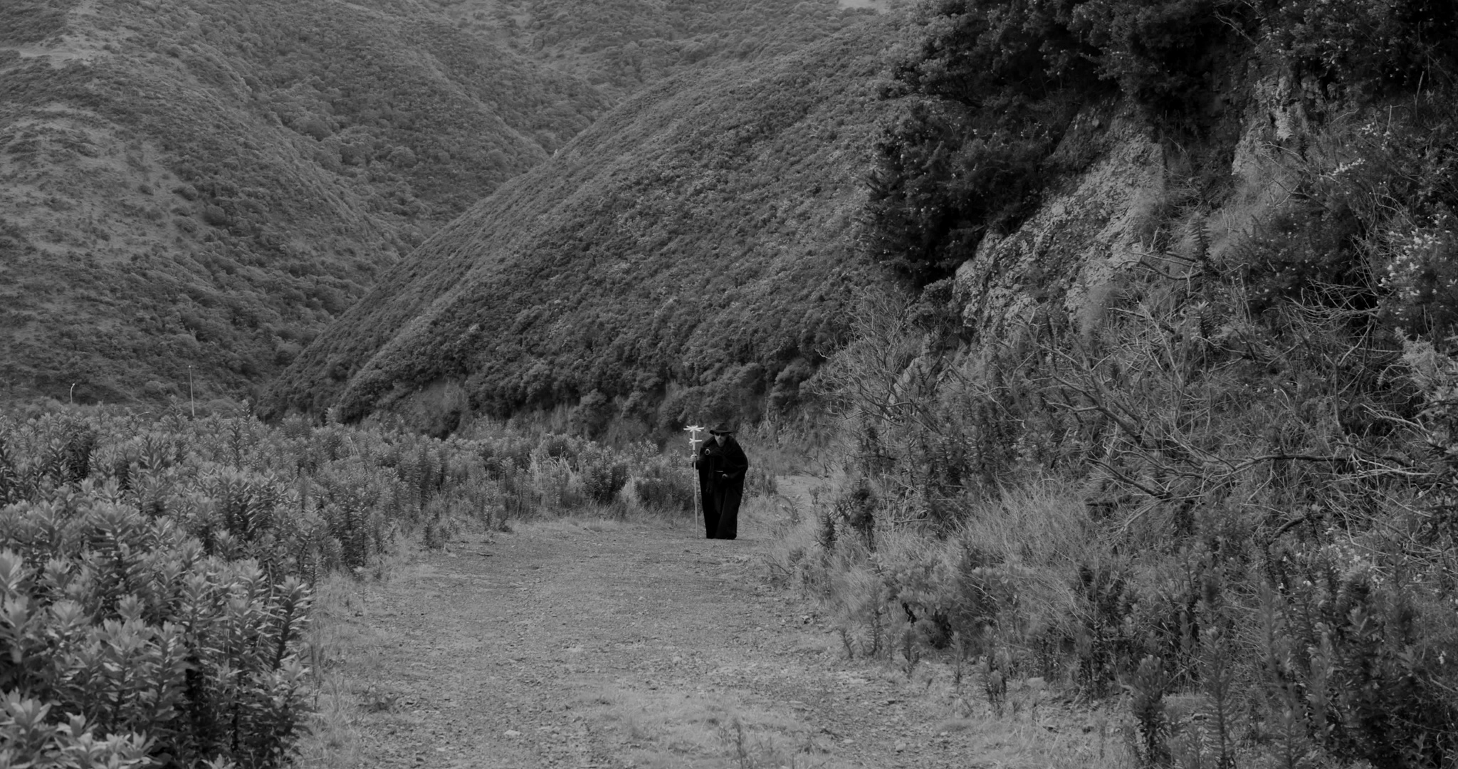 Nuclear Priest wanders alone up a hill.